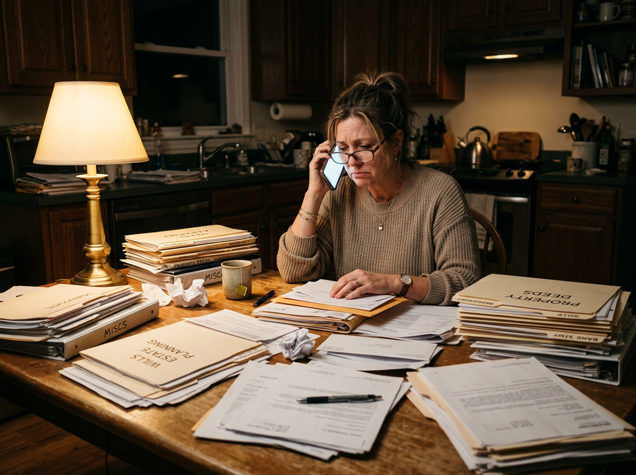Person overwhelmed by paperwork at a kitchen table
